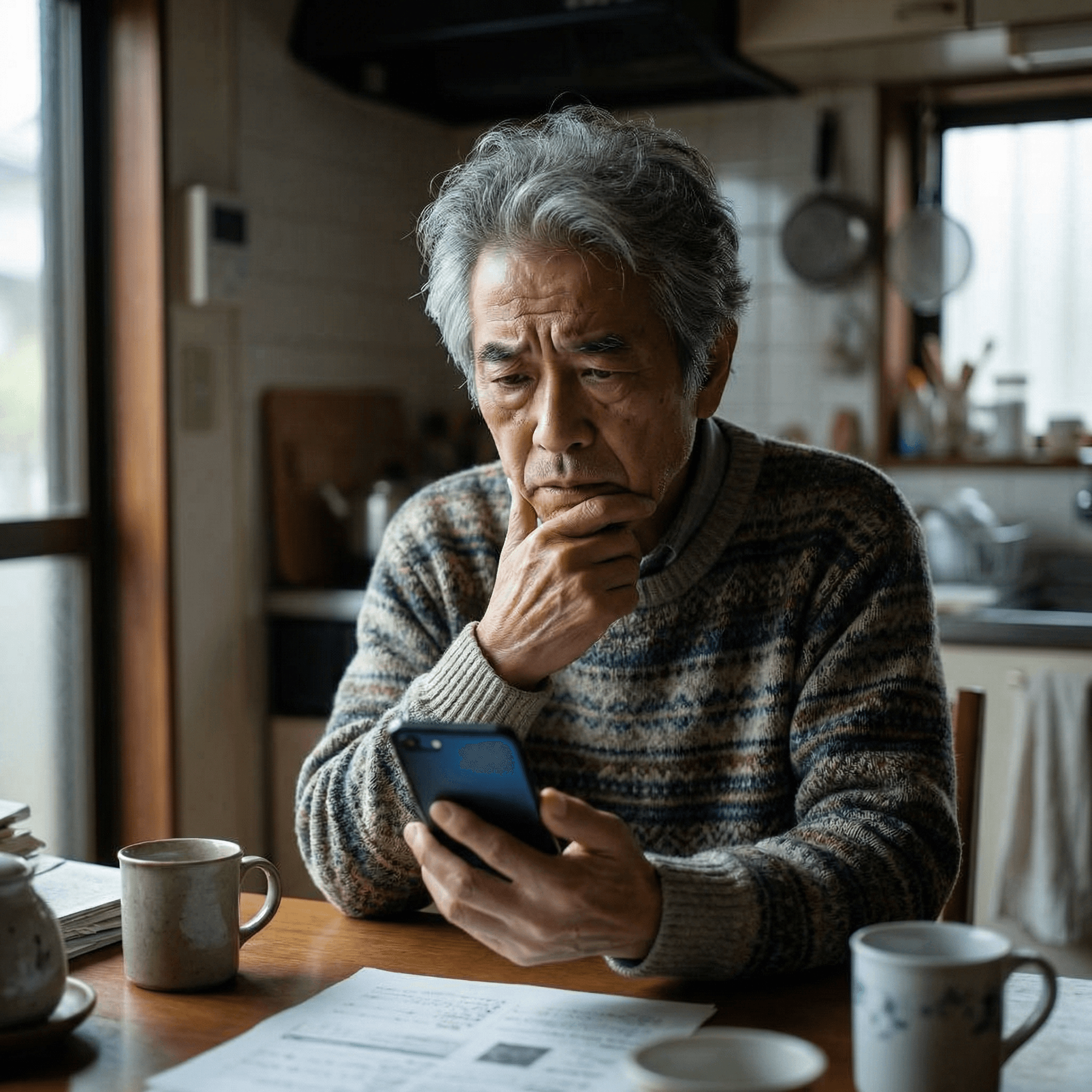 業者探し:スマホを見て悩む高齢者